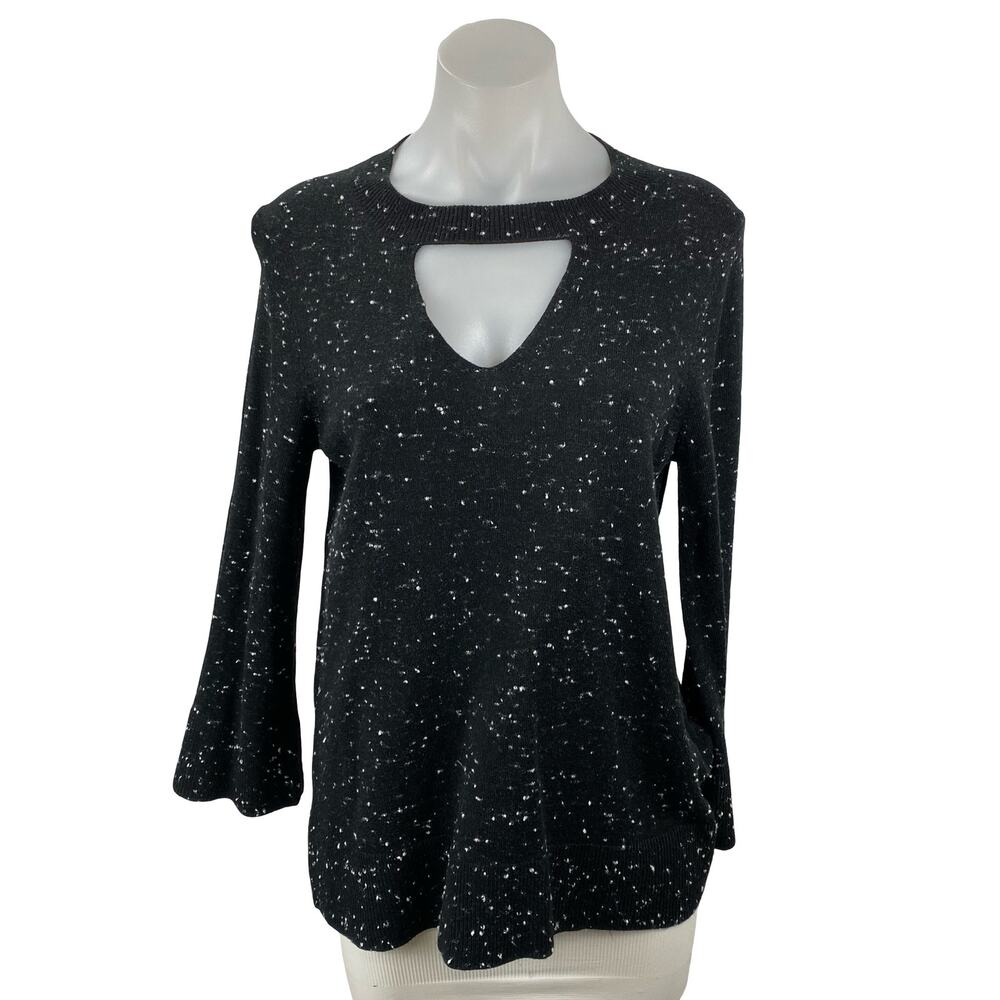 Ann Taylor LOFT Women's Black Speckled Long Bell Sleeve Cutout Sweater Top MP